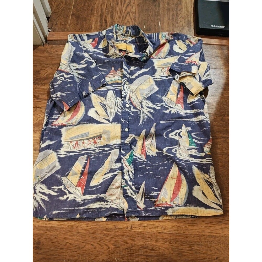 VTG Reyn Spooner Mens XL Yacht Team Shirt Hawaiian Sailing AOP Reverse Print